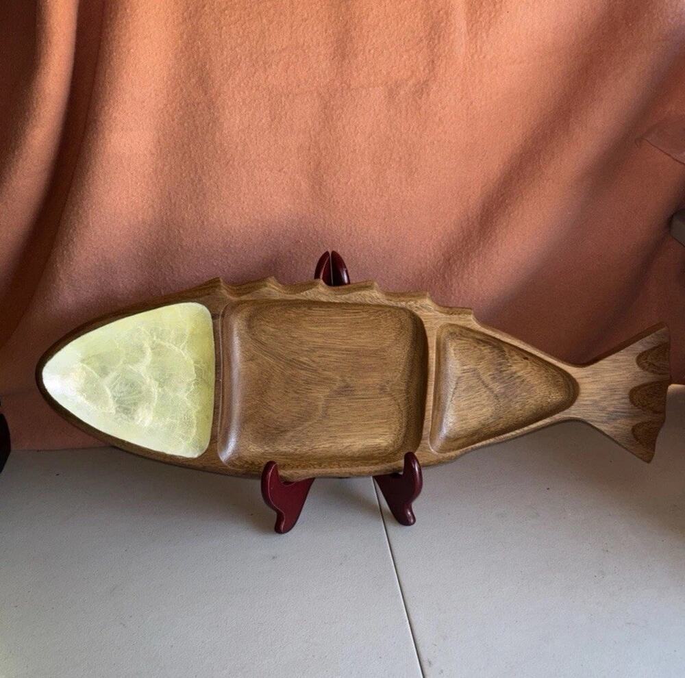 Mid Century MCM Vtg Teak Wood &Mother Pearl Serving Tray Divided 23.5” Long Fish